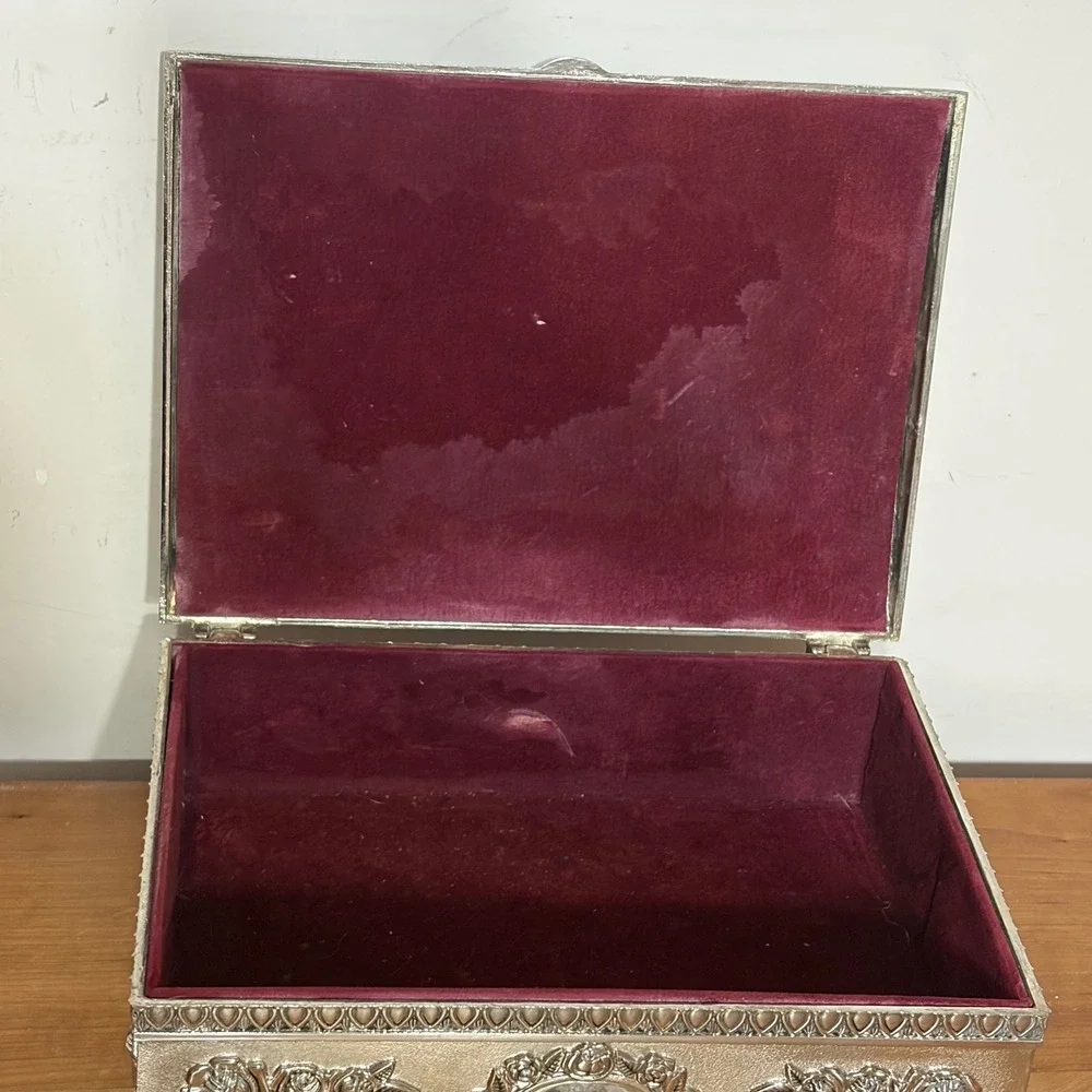 Godinger Silver Plated Ornate Floral Rose Jewelry Box Burgundy Velvet Lining